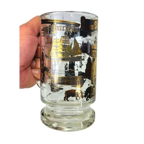 Vintage SAN DIEGO MCM Black 22 Kt Gold Souvenir Heavy Bottom Glass Beer Mug - Picture 4 of 13